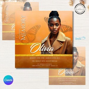 May include: Orange and gold memorial card with a photo of a woman and a butterfly. The text reads "In Loving Memory Olivia Williams August 15th, 1930 - March 13th, 2013 Fri. August 30th, 2013 at 10:00 AM St. John's Church 1500 Lindell Hill Street, Main, CA"