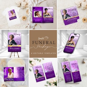Violet Roses manus komplett begravningsmallpaket | Program- och bönekortsset | Redigerbar Canvas