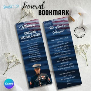 US Marine-Themed Funeral Bookmark | Memorial Keepsake | Celebration of Life | Editable Canva Template | GR2L1H