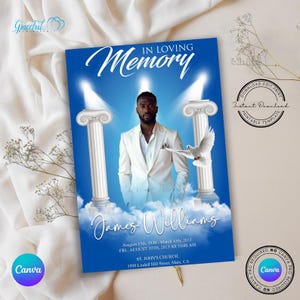 May include: A blue and white memorial card with a photo of a man in a white suit. The card reads "In Loving Memory James Williams" and includes the dates August 15th, 1930 - March 13th, 2013, and the time and location of the funeral service.