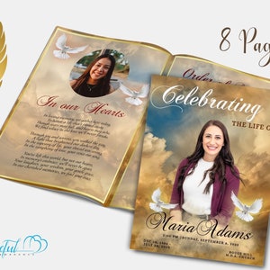 May include: An 8-page memorial booklet with a gold and white design. The cover features a photo of a woman with a cloudy sky background and white doves. The text "Celebrating the Life of Maria Adams" is in a decorative font. The dates "Dec 18, 1954 - July 24, 2023" and "3:00 PM Sunday, September 4, 2023" are also included. The booklet is personalized with the name "Coyl".