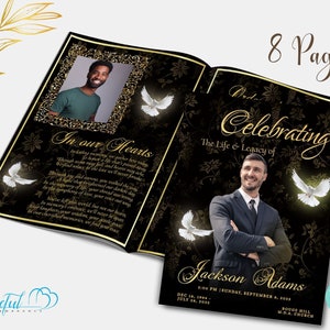 May include: An 8-page black and gold funeral program with a floral design and white doves. The program features two photos of the deceased, a poem, and the text "Celebrating the Life & Legacy of Jackson Adams".