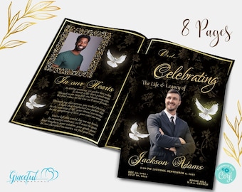 Elegance in Black & Gold: 8-Page Funeral Program Template in Regal Tones | Editable with Corjl | GRD2N6