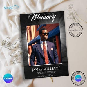 May include: A black and white funeral programme template featuring a photograph of a man in a suit and tie. The text reads "In Loving Memory" and "James Williams". The programme includes the dates of birth and death, the funeral service details, and the name of the church.