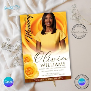 May include: A memorial card with a photo of a woman in a yellow dress, set against a yellow rose background. The card reads "In Loving Memory" and includes the name "Olivia Williams" and dates of birth and death, plus the church location.
