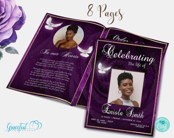 11&quot;x17&quot; and 8.5&quot;x11&quot;: 8-Page Funeral Program Template in Royal Tones | Editable with Corjl | GRS1E6
