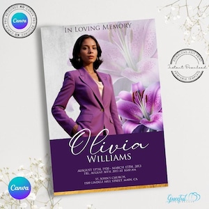 Op de afbeelding: Paarse en witte rouwkaart met een foto van een vrouw in een paars pak. De tekst luidt "In liefdevolle herinnering Olivia Williams 15 augustus 1930 - 13 maart 2013 Vr. 30 augustus 2013 om 10:00 uur St. John's Church 1500 Lindell Hill Street, Main, CA"