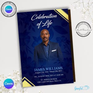 Dark Blue Funeral Program Template, 4-Page Obituary Brochure, Canva Printable Memorial Booklet, Bifold 8.5x11&quot; Celebration of Life - GR7H2V