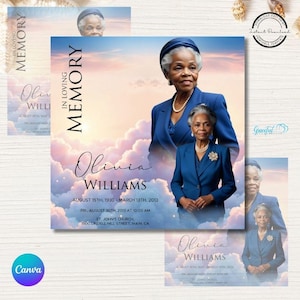 Könnte beinhalten: Eine Gedenkkarte mit einem Hintergrund aus blauem Himmel und weißen Wolken. Die Karte zeigt ein Foto einer Frau in einem blauen Kleid und einer Perlenkette. Der Text auf der Karte lautet: "In liebevoller Erinnerung Olivia Williams 15. August 1930 - 13. März 2013 Fr, 30. August 2013 um 10:00 Uhr St. John's Church 1500 Lindell Hill Street, Main, CA."