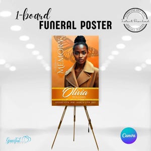 May include: A funeral poster with a photo of a woman in a brown coat with a butterfly on her shoulder. The poster is on an easel and has the text "In Loving Memory Olivia Williams August 15th, 1930 March 13th, 2013".