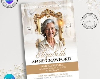 May include: A funeral service announcement featuring a portrait of a smiling woman in a gold ornate frame. The announcement includes the name "Elizabeth Anne Crawford", dates, and service details. The design has a soft, elegant aesthetic.