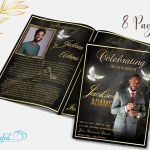 May include: Black and gold funeral program with a marble background and a photo of a man in a suit. The program includes the name "Jackson Adams" and the dates "Dec 18, 1994 - July 28, 2018" and "2:00 PM Sunday, September 4, 2023". The program also includes the text "Celebrating the Life & Legacy of" and "Grace Community Church, Rouge Hill, California".