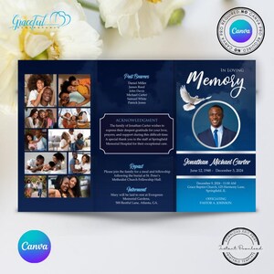 May include: A blue and white funeral program with a photo of a man in a suit and tie. The program includes the name "Jonathan Michael Carter", dates of birth and death, and information about the funeral service. The program also includes a photo collage of the deceased.