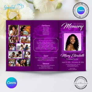 Purple Trifold Funeral Program Template, Celebration of Life Brochure, Obituary Template, Editable in Canva, 11x17 in - GR8D5M