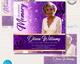 May include: Purple and gold funeral announcement with a photo of a woman. The text reads "In Loving Memory" and "Olivia Williams" with the dates August 15th, 1930 - March 13th, 2013. The announcement also includes the date, time, and location of the funeral service.