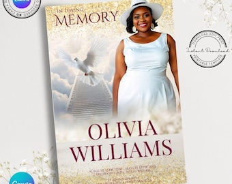 May include: A printable memorial card template with a gold glitter background. The card features a photo of a woman in a white dress and hat, a white dove flying towards a stairway to heaven, and the text "In Loving Memory Olivia Williams" in burgundy lettering. The text also includes the dates "August 15th, 1930 - March 13th, 2013" and "Fri, August 30th, 2013 at 10:00 AM" along with the church name and address.