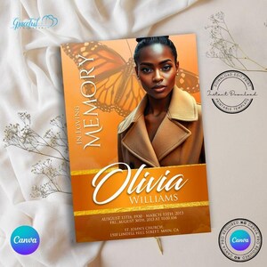 May include: A memorial card with a photo of a woman in a brown coat. The background is orange with a butterfly. The text reads "In Loving Memory Olivia Williams August 15th, 1930 - March 13th, 2013 Fri. August 30th, 2013 at 10:00 AM St. John's Church 1500 Lindell Hill Street, Main CA"