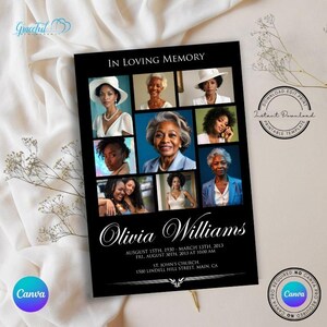 May include: A black memorial card with the text "IN LOVING MEMORY" and the name "Olivia Williams". It features a collage of nine photos of a woman. The card includes dates and the location of a church.