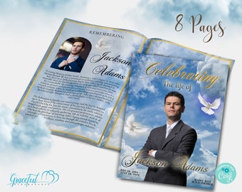 Elegance in Sky Blue: 8-Page Funeral Program Template in Serene Hues | Editable with Corjl | GRK3P2