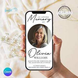 May include: A printable phone screen memorial template with a black and white design. The template features a photo of a woman, the text "In Loving Memory of Olivia Williams", dates, and the location of a church service.