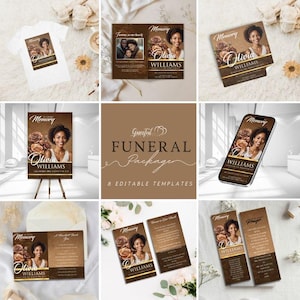 Peut inclure: Un ensemble de 8 modèles de funérailles modifiables avec un schéma de couleurs brun et or. Les modèles présentent un motif floral avec une photo d'une femme et le texte "Memory Olivia Williams".
