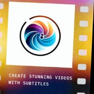 May include: A colorful abstract design with swirling blue, purple, and orange colors inside a circle. The circle is outlined in black and has a white background. The text "CREATE STUNNING VIDEOS WITH SUBTITLES" is below the circle.
