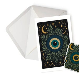Conjunto de cartões e adesivos místicos para mau-olhado | Presente espiritual celestial | Pacote de arte oculta | Cartão de felicitações com olhos protetores e adesivo | Conjunto de presentes pagãos