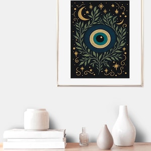 Impresión de símbolo protector / Arte de pared espiritual bohemio de mal de ojo / Impresión de luna y estrella celestial / Decoración mística del hogar / Impresión pagana
