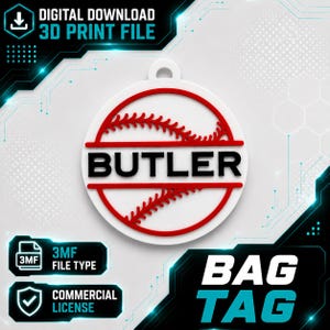 Puede incluir: Etiqueta para bolsa con temática de béisbol en blanco y rojo con el nombre "BUTLER" en letras negras. La etiqueta tiene un diseño de costura de béisbol y un lazo para sujetar. La imagen también incluye texto que dice "DESCARGA DIGITAL ARCHIVO DE IMPRESIÓN 3D", "TIPO DE ARCHIVO 3MF", "LICENCIA COMERCIAL" y "BAG TAG".