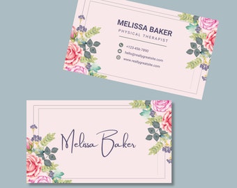 Floral Editable Business Card, Feminine Business Card Template, Pink Floral Watercolor Business Card, DIY Business Card, Instant Download