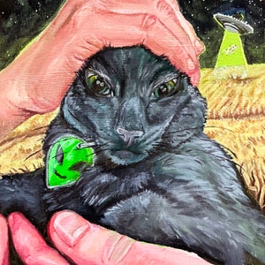 May include: A black cat with green eyes is being held by a hand. The cat is wearing a green alien-shaped tag around its neck. The cat is looking at the camera.