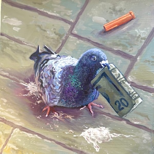 May include: A gray pigeon with a $20 bill in its beak, standing on a gray and brown tiled surface.