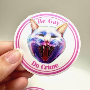 Be Gay, Do Crimes Cat Sticker: Queer White Cat Decal