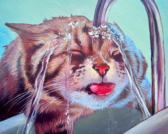 Art Print of Funny Sink Water Cat: Thirsty Kitty Bathroom Decor