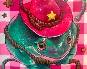 Print of Pink Pony Frog: Funny Cowboy Toad Home Decor