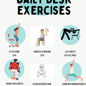 Exercise poster. Desk exercises. Daily exercises. Improve posture and mobility at work. Physical therapy.