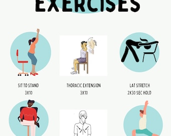 Übungsposter. Schreibtischübungen. Tägliche Übungen. Verbessern Sie die Körperhaltung und Beweglichkeit bei der Arbeit. Physiotherapie.