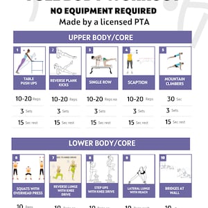 Puede incluir: Una rutina de entrenamiento de cuerpo completo sin necesidad de equipo. El entrenamiento se divide en dos secciones: parte superior del cuerpo/núcleo y parte inferior del cuerpo/núcleo. Cada ejercicio se ilustra con una persona realizando el movimiento. Los ejercicios incluyen flexiones de brazos en la mesa, patadas de plancha invertida, remo simple, escapulación, escaladores de montaña, sentadillas con press por encima de la cabeza, estocadas inversas con impulso de rodilla, subir escalones con impulso de rodilla, estocadas laterales con alcance y puentes en la pared.