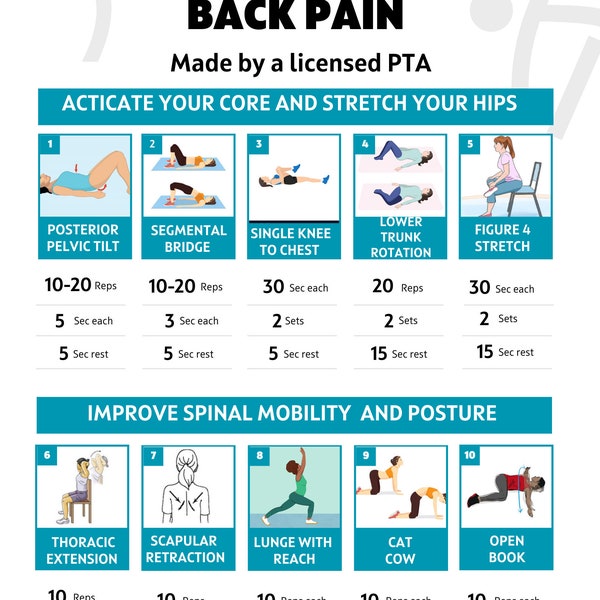 Exercise poster print to improve posture and back pain. Home gym poster. Daily workout poster. Physical therapy exercises.