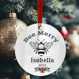 Bee Merry Ornament, Custom Bumble Bee Ornament, Personalized Ceramic Ornament, Bee Lover Gift, Tree Trimming Party, Bee Keeper christmas