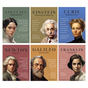 Paquete de carteles imprimibles de científicos famosos (6x) / Paquete de decoración para aulas de ciencias para profesores / Impresiones digitales de química, biología y física