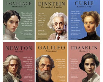 May include: Set of six art prints featuring portraits of famous scientists: Lovelace, Einstein, Curie, Newton, Galileo, and Franklin. Each print includes the scientist's name, field of study, and a quote. The prints have a vintage aesthetic.