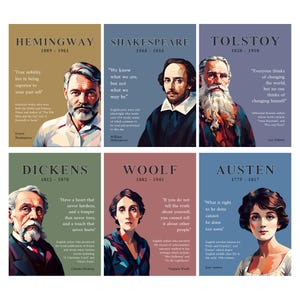 Pacchetto di poster stampabili di autori famosi (6x) / Insegnante - Pacchetto di decorazioni per l'aula di inglese / Arte murale per le arti linguistiche