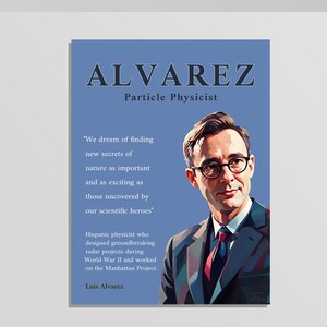 May include: A poster featuring a portrait of Luis Alvarez, a particle physicist, wearing glasses and a suit. The blue background includes the text ALVAREZ Particle Physicist, a quote about scientific discovery, and a brief biography of his work.
