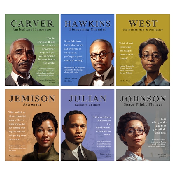 Famous Black Scientists Printable Poster Pack (6x), Classroom Decor, Science Gallery Wall, Science Poster, Biology Poster, Chemistry Poster