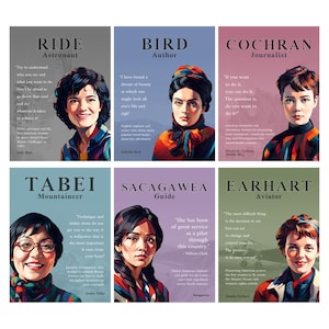 Könnte beinhalten: Ein Set aus sechs rechteckigen Postern mit Porträts historischer Persönlichkeiten: Ride, Bird, Cochran, Tabei, Sacagawea und Earhart. Jedes Poster enthält den Namen, den Beruf, ein Zitat und eine kurze biografische Zusammenfassung.