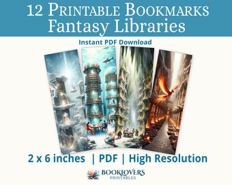 Fantasy Library Printable Bookmark | Instant PDF Digital Download | Set of 12 bookmarks 2x6 inches | Magical and mystical themes