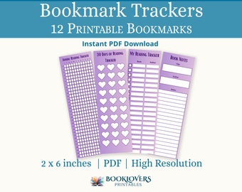 Purple Book Tracker Printable Bookmark | Instant PDF Digital Download | Set of 12 bookmarks 2x6 inches | Reading and Books logs