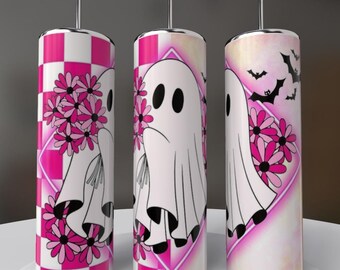 Halloween Themed Color Checkered Ghost with Flowers Sublimated 20oz Skinny Tumbler with Straw | Holiday Season | Gift for Her | Girly Spooky