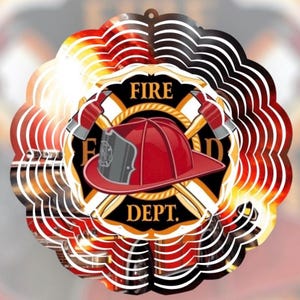 May include: A red, white, and black metal wind spinner with a fire department logo. The logo features a crossed axe, a fire helmet, and the words "FIRE DEPT."